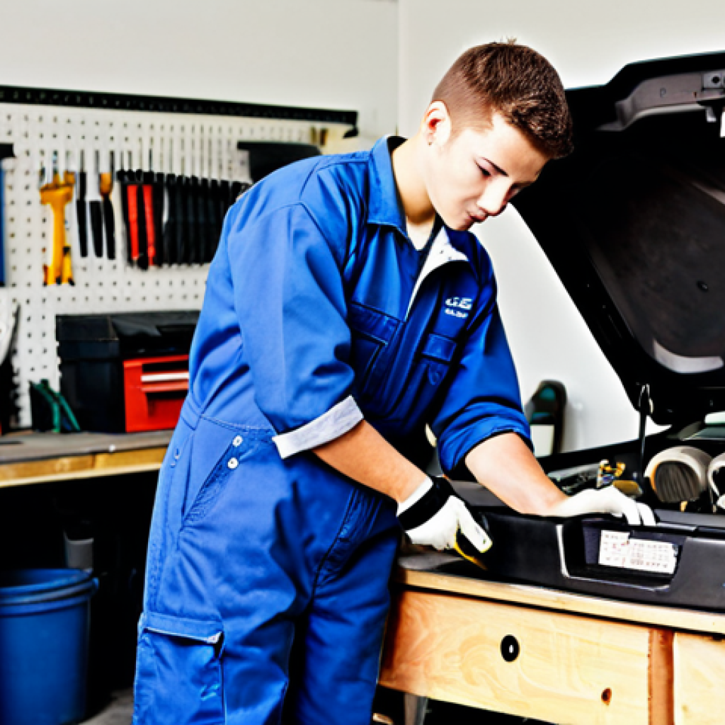 Auto Mechanic Student with Tools**

"A student auto mechanic, fully clothed in work overalls, standing in a well-lit auto shop with various tools neatly arranged on a workbench, safe for work, appropriate content, professional setting, perfect anatomy, correct proportions, natural pose, well-formed hands, proper finger count, high-quality image, professional, modest, family-friendly."

**