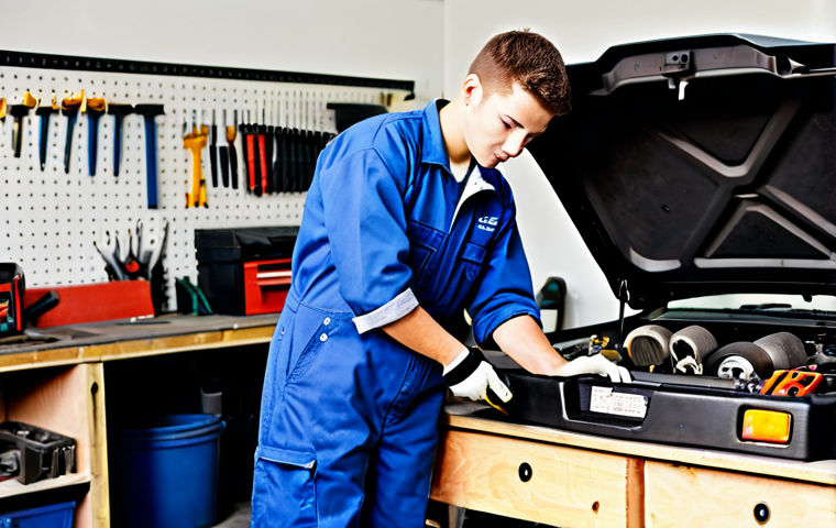 Auto Mechanic Student with Tools**
"A student auto mechanic, fully clothed in work overalls, standing in a well-lit auto shop with various tools neatly arranged on a workbench, safe for work, appropriate content, professional setting, perfect anatomy, correct proportions, natural pose, well-formed hands, proper finger count, high-quality image, professional, modest, family-friendly."
**