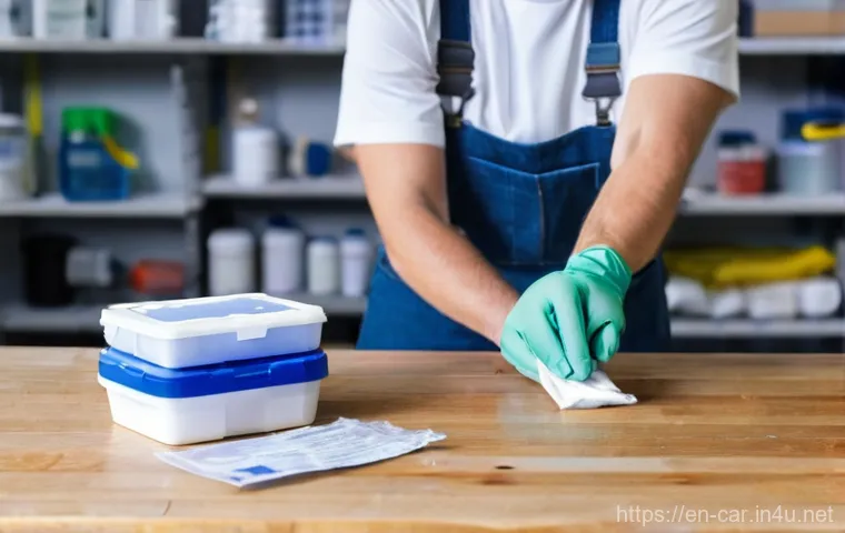 자동차정비 실습 중 발생할 수 있는 사고 대처법 - **Prompt:** A focused, medium shot of a person (mid-30s, gender-neutral, wearing a practical work sh...