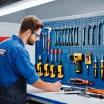 Home 12 자동차정비 실기 시험 꿀팁 - **Prompt:** A skilled automotive technician, appearing focused and methodical, meticulously organizi...