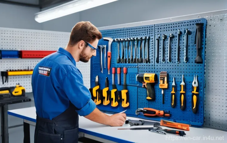 자동차정비 실기 시험 꿀팁 - **Prompt:** A skilled automotive technician, appearing focused and methodical, meticulously organizi...