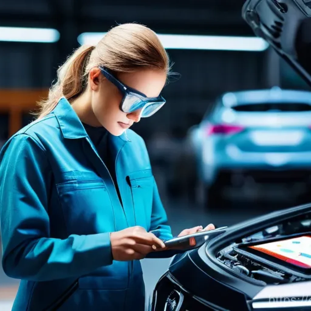 자동차정비 자격증 이직 성공 사례 - **Prompt:** A highly skilled, diverse female automotive technician in a pristine, modern repair bay....