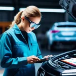 Home 11 자동차정비 자격증 이직 성공 사례 - **Prompt:** A highly skilled, diverse female automotive technician in a pristine, modern repair bay....