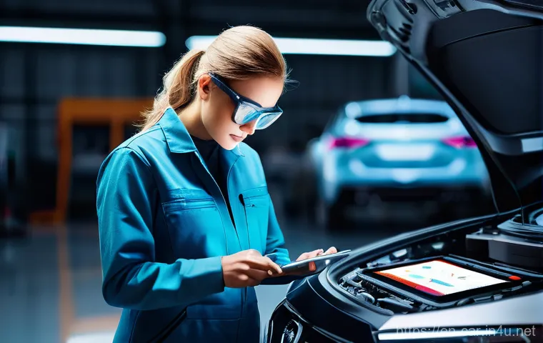 자동차정비 자격증 이직 성공 사례 - **Prompt:** A highly skilled, diverse female automotive technician in a pristine, modern repair bay....