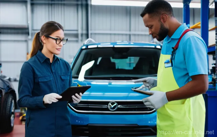 자동차정비사 취업 후 직무 적응 팁 - **A Collaborative Learning Moment in a Modern Auto Shop:**
A bright, clean, and well-organized a...