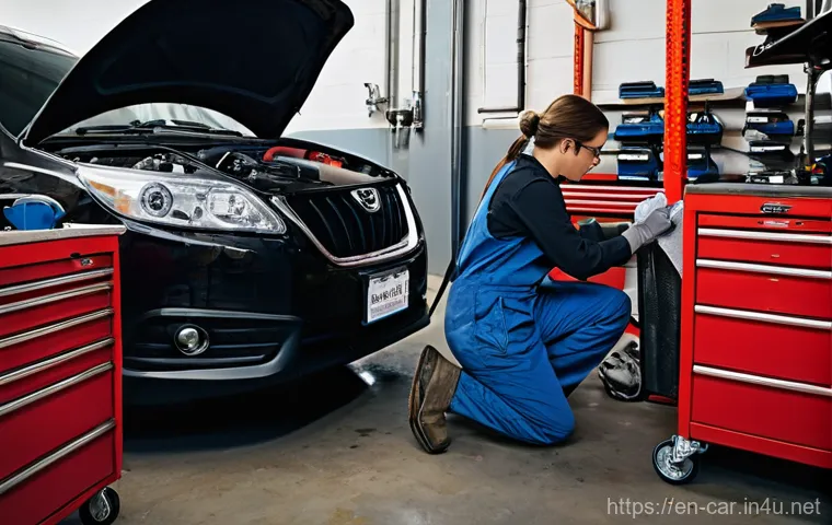 자동차정비사 취업 후 직무 적응 팁 - **Advanced Diagnostics on a Sophisticated Vehicle:**
An intense, focused scene inside a high-tec... 자동차정비사 취업 후 직무 적응 팁 - **Advanced Diagnostics on a Sophisticated Vehicle:**
An intense, focused scene inside a high-tec...