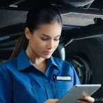 Home 9 자동차정비사로서 정비 보고서 작성 요령 - **Prompt:** A focused female automotive technician, dressed in a clean, practical uniform consisting...