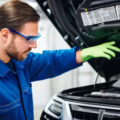 Home 20 자동차정비 직무와 관련된 최신 뉴스 - **Prompt:** A focused automotive technician, wearing a clean, modern workshop uniform, safety glasse...