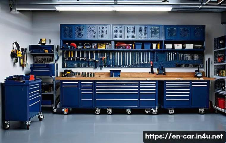 자동차정비 실습실에서 유용한 팁 - **Prompt:** A meticulously organized and brightly lit automotive repair bay. In the foreground, a cl...